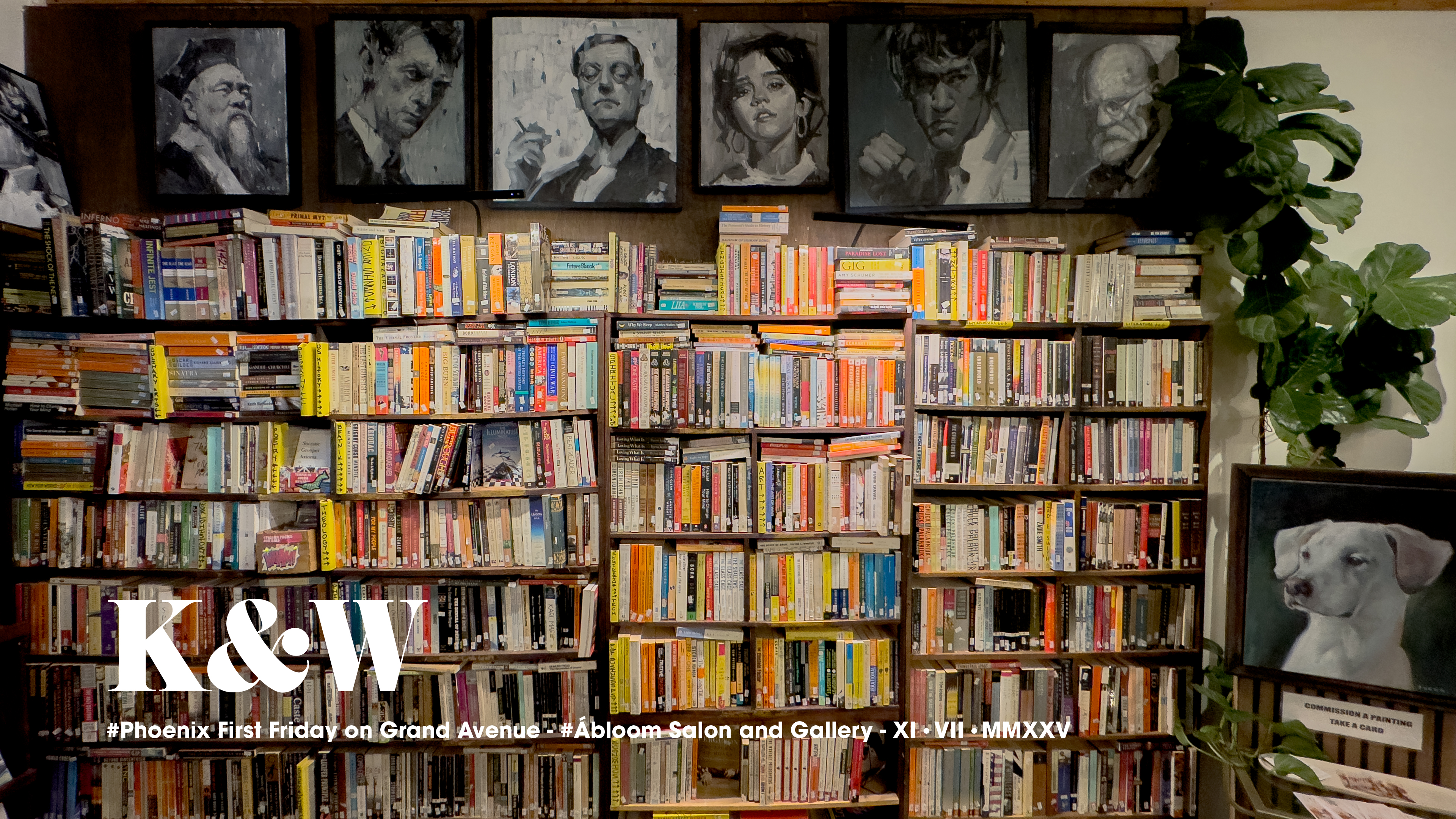 Bookstore interior with shelves and portraits